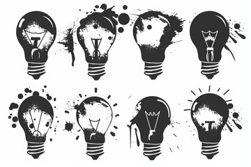 Naklejka premium Graffiti light bulbs, black lamp icon silhouettes set, lightbulbs graffiti spray isolated, minimal black and white