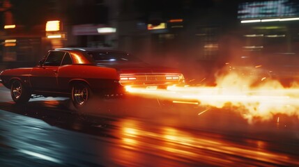 Fototapeta premium A vintage muscle car accelerates through the night, leaving behind blazing trails that light up the urban landscape, embodying speed and rebellion.
