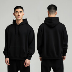 mockup black hoodie worn by an asian man with front and back view of hoodie, product catalog, AI generated images