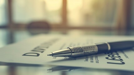 A sleek pen rests on a formal document, partially in focus, with a blurred office backdrop, suggesting professionalism and importance.