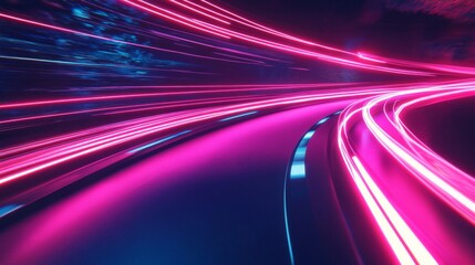 Fototapeta premium Abstract Neon Lights on a Curved Road at Night