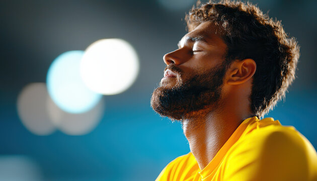 Stressed athlete panting after a tough practice, A focused athlete in a yellow jersey, immersed in concentration with a calm expression under soft lighting.