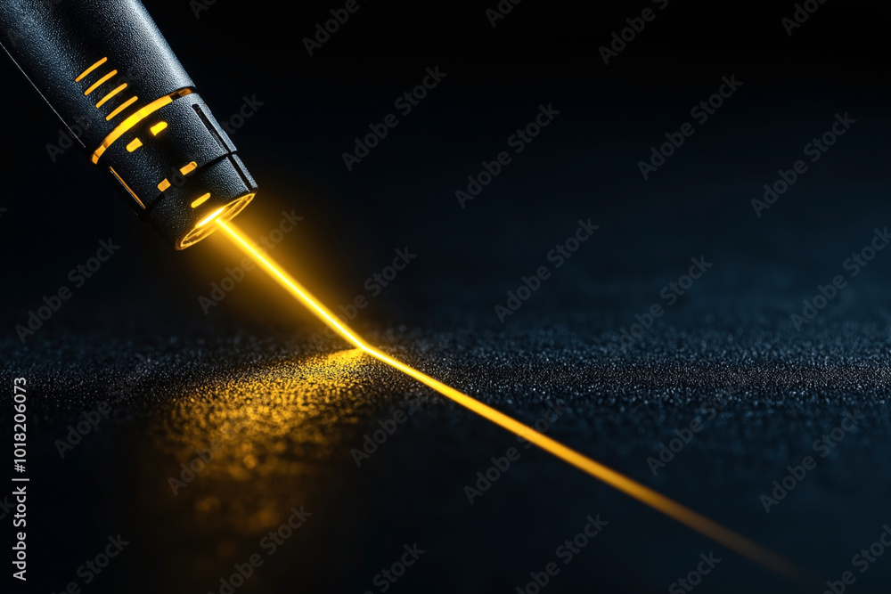 Sticker Close-up of a black laser engraving pen emitting a bright yellow beam on a dark textured surface.