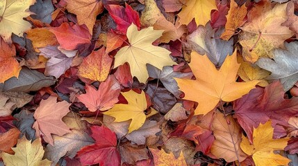 Obraz premium A vibrant pile of autumn leaves covering the forest ground, with warm reds, yellows, and oranges creating a cozy fall atmosphere