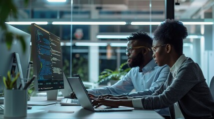Two focused professionals collaborate in an office, analyzing code on dual monitors, illustrating teamwork and technology in a modern work environment.