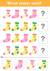 What comes next? Educational logic game for kids with cute socks illustration. Worksheet for children.