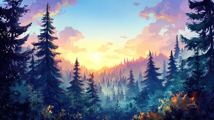 A Misty Forest Landscape at Sunset with Silhouetted Pine Trees