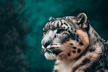 Snow leopard face closeup with space for text. Textured, retro style processing.