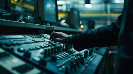 A hand confidently manipulates controls in a dimly lit control room, embodying precision and focus as technology hums in the background.