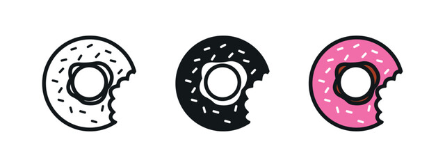 Vector Flat Donut Icons Design Set on White Background. Simple Bakery Symbols of Fast Food Dessert, Sweets for Cafe Menu, Logo, Candy Shops, Banner, Web.	