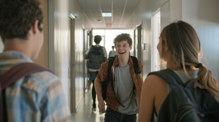 Obraz premium Laughing students gather in a school hallway, exuding the camaraderie and shared joy of friendship in a relaxed academic environment.