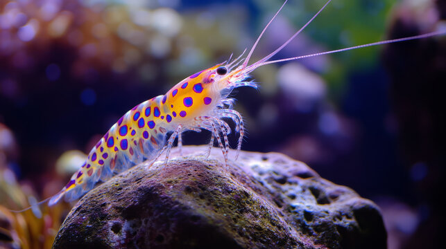 A captivating close-up of a Fancy Shrimp standing on a rock in an aquarium, highlighting its intricate patterns and vivid colors
