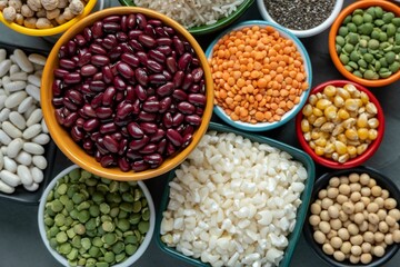 several pots with raw grains for preparing healthy food