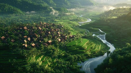 A village nestled among rice terraces, with lush greenery and a river winding through the landscape.