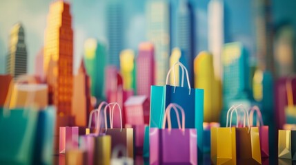 Obraz premium Vibrant cityscape with colorful shopping bags, representing urban consumerism and bustling city life.