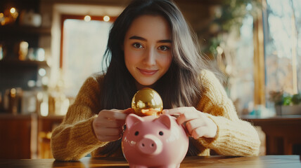 Obraz premium 金の卵を貯金箱に入れる女性