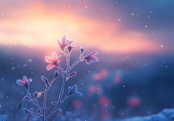 A snowfall shows winter flowers in hoarfrost and snow.