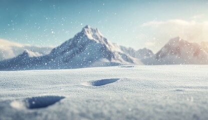 Fototapeta premium Snowflakes falling against a mountain landscape in the background with the sun shining