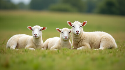 Fototapeta premium Serene Pasture with White and Off-White Sheep Laying Peacefully Together in the Field, Embodying Rural Charm