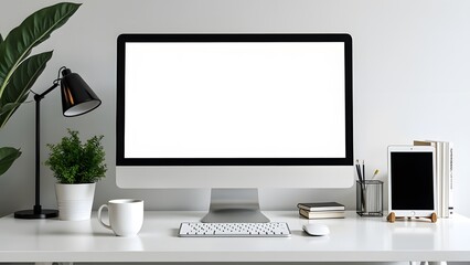 A desk with a computer a lamp a plant and some books on it The computer is a blank white screen