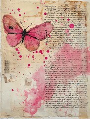 Wabi-Sabi Mixed Media Collage with Vintage Paper, Splashes, Handwriting & Butterfly