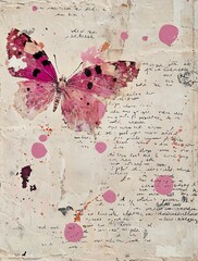 Wabi-Sabi Mixed Media Collage with Vintage Paper, Splashes, Handwriting & Butterfly