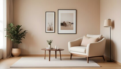 Japandi style beige modern living room with artwork