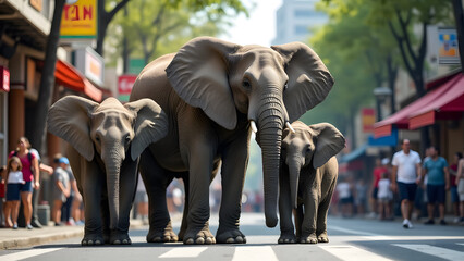 An Unexpected Family of Elephants Gracefully Standing at the Busy Corner of a Vibrant City Intersection