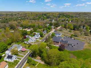 North Smithfield Town Hall aerial view at 83 Greene Street in historic village of Slatersville,...