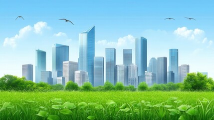Fototapeta premium A vibrant city skyline surrounded by lush green fields, showcasing a blend of nature and urban architecture under a clear blue sky