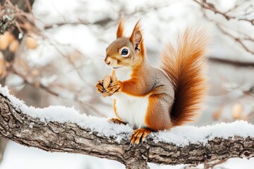 The red squirrel (Sciurus vulgaris) is feeding on a branch covered in snow