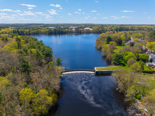 Slatersville Reservoirs aerial view in historic village of Slatersville, town of North Smithfield,...
