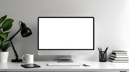 A desk with a computer a lamp a plant and some books on it The computer is a blank white screen