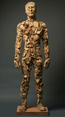 Abstract Art Sculpture of a Human Figure Crafted From Pieces of Wood Displayed Indoors