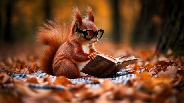 A cute squirrel wearing glasses sits on a blanket of fall leaves and reads a book.