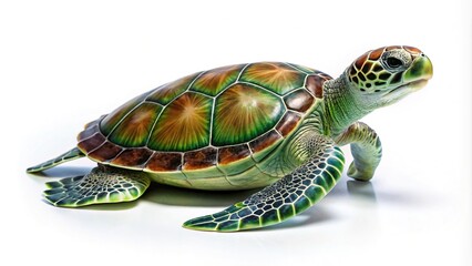 Obraz premium minimalist isolated green turtle side view on white background