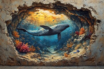 A 3D street art mural of a whale swimming through a broken wall, creating an illusion of an underwater scene.
