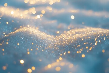 An elegant background image with tiny snowdrifts up close and blurry holiday lights.
