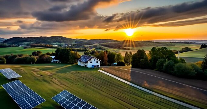 4K Sunset Landscape with Solar Panels and Rural House, Sustainable Energy Scene Full HD Video Download