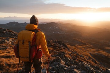 Fototapeta premium Adventurer Enjoys Breathtaking View from Mountain Summit