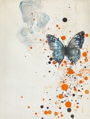 Wabi-Sabi Mixed Media Collage Paper with Orange Splashes and Butterfly