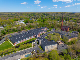 Slatersville Mills building aerial view in historic village of Slatersville, town of North...