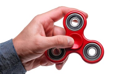 Hand hold a red fidget spinner isolated on white background