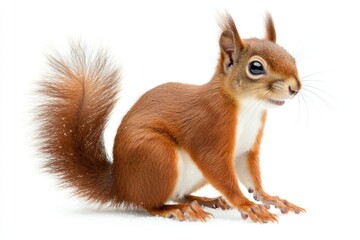 Obraz premium Standing on white snow in winter is a red little squirrel