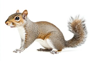 Naklejka premium A red squirrel stands on white snow in the winter