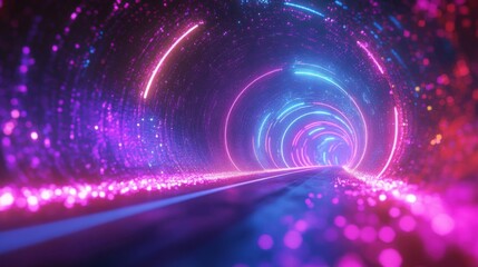 A Road Leading into a Neon-Lit Tunnel