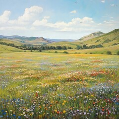 Fototapeta premium A wide, open meadow filled with wildflowers, stretching across the landscape with rolling hills in the background