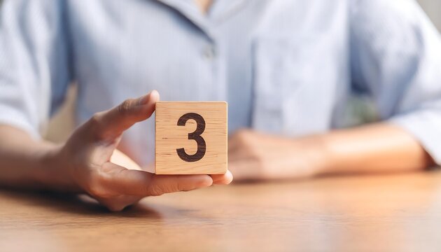 Hand hold wooden cube with number three in the morning
