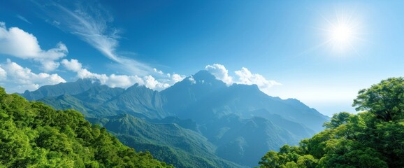 Fototapeta premium Breathtaking Panoramic View of Majestic Mountains and Lush Greenery Under a Clear Sky
