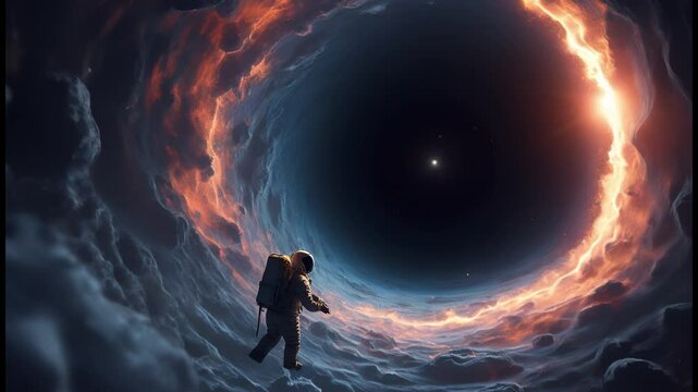 A spaceman falling into a blackhole showing Outer space from the perspective of the astronaut
